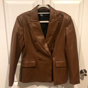Zara Faux Leather Brown Blazer